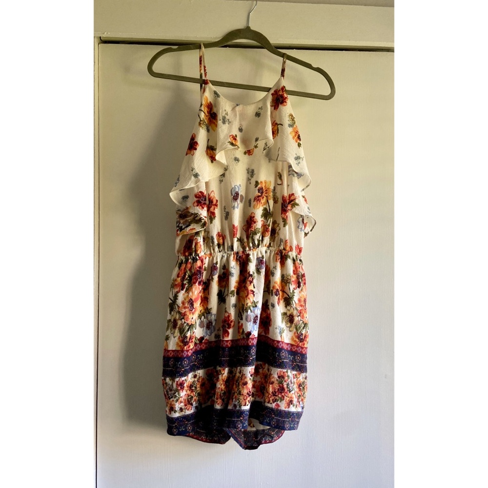 Floral high neck backless/tie back romper